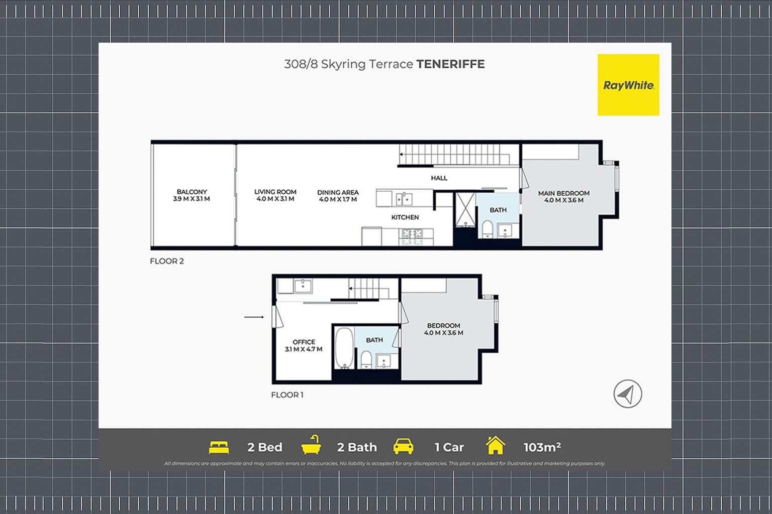 Branded two bedroom floor plan produced by RISE Realty Media